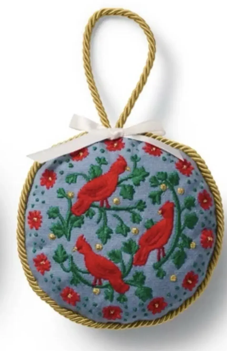 Christmastide Embroidered Cardinal Ornament Intricate Detail Gold Thread Hanger